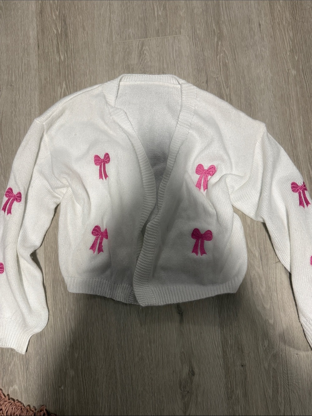 White Knit Cardigan with Pink Bow Embroidery